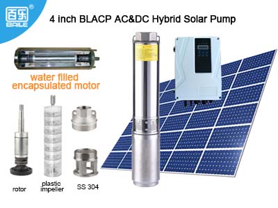 Bomba solar sumergible híbrida AC/DC de 4″ BLACP con motor refrigerado por agua e impulsor de plástico