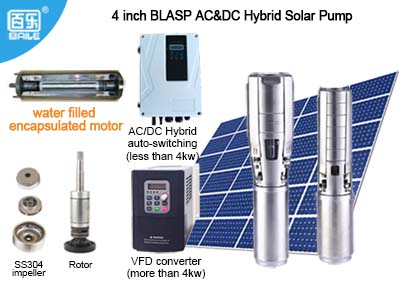 Bomba solar sumergible híbrida CA/CC de 4″ BLASP con motor refrigerado por agua e impulsor de acero inoxidable