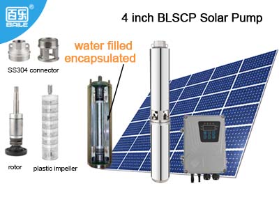 Bomba solar CC sumergible de 4 pulgadas BLSCP, con motor sumergible de refrigeración por agua e impulsor de plástico